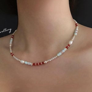 Boho Beaded Necklace-Natural freshwater pearl, Natural red agate, Natural jasper| Handmade Jewellery| Gift for her