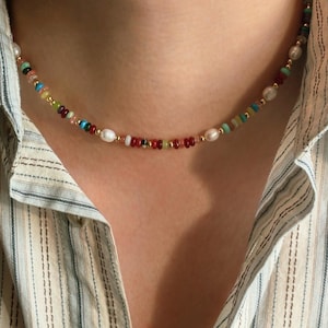 Rainbow Gemstone Beaded Bracelet with Freshwater Pearls – Colourful Natural Crystal Jewellery, Handmade Summer Gift