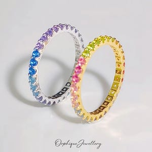 Rainbow Gradient Eternity Ring – 18K Gold Vermeil 5A Cubic Zirconia Stacking Band, Sterling Silver Pride Ring, Tarnish Free Waterproof