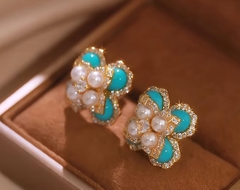 Turquoise Pearl Stud Earrings: 18K Gold Plated, Sterling Silver