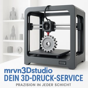 Könnte beinhalten: Ein dunkelgrauer 3D-Drucker, der ein Zahnrad druckt. Der Drucker hat einen rechteckigen Rahmen und eine schwarze Basis. Der Text "mrvn3Dstudio" und deutscher Text befinden sich unten.
