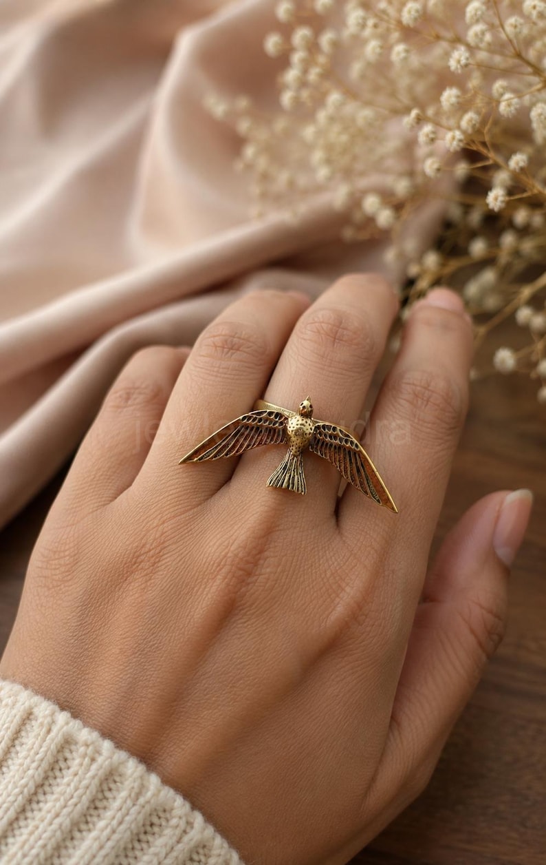 Vintage Brass Bird Ring | Flying Sparrow Ring | Nature Inspired Statement Ring image 1