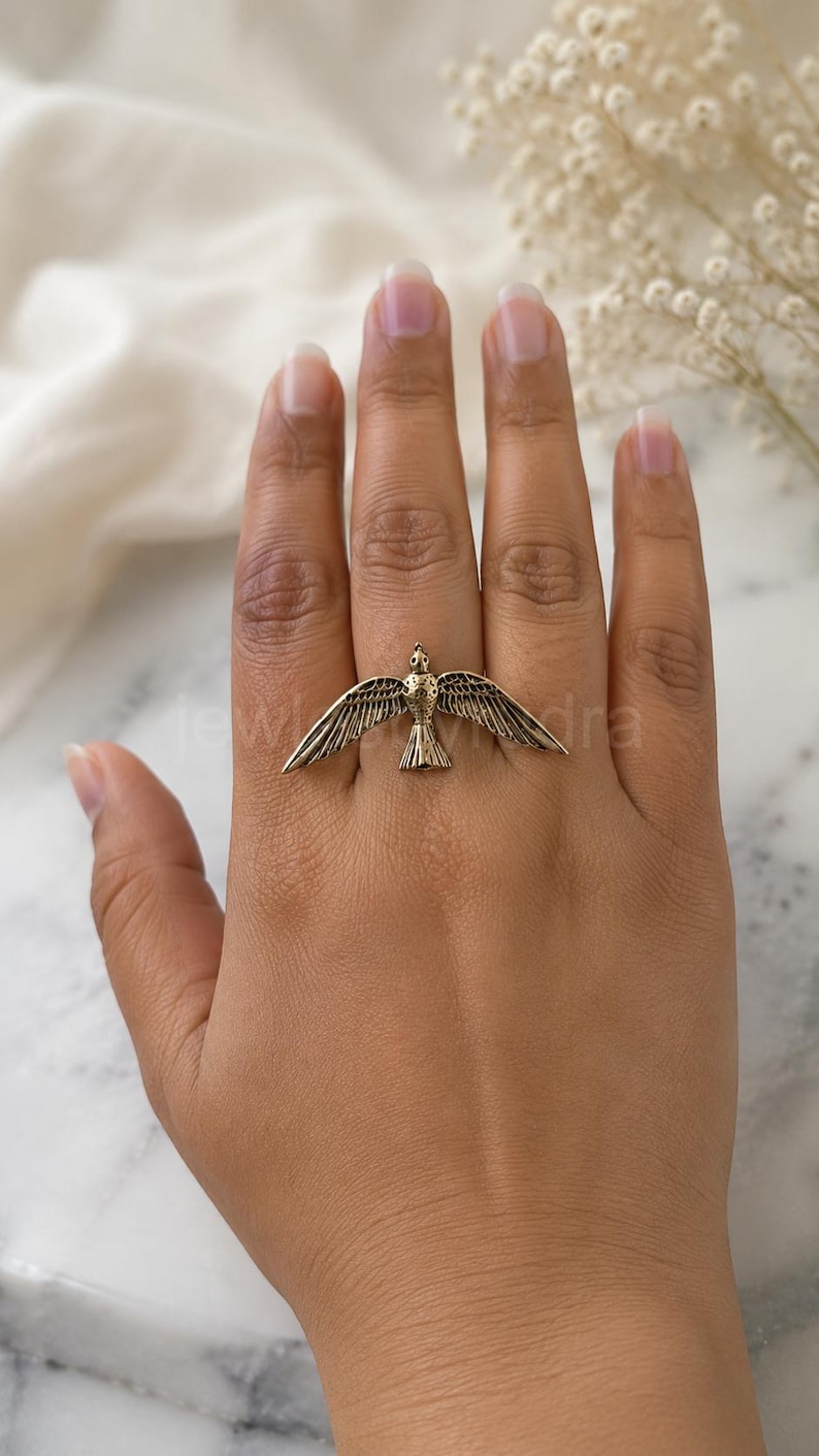 Vintage Brass Bird Ring | Flying Sparrow Ring | Nature Inspired Statement Ring image 2