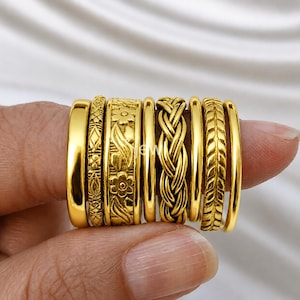 Gold Tone Stackable Ring Set – Braided, Floral, Leaf Pattern Bands – Boho Vintage Jewelry