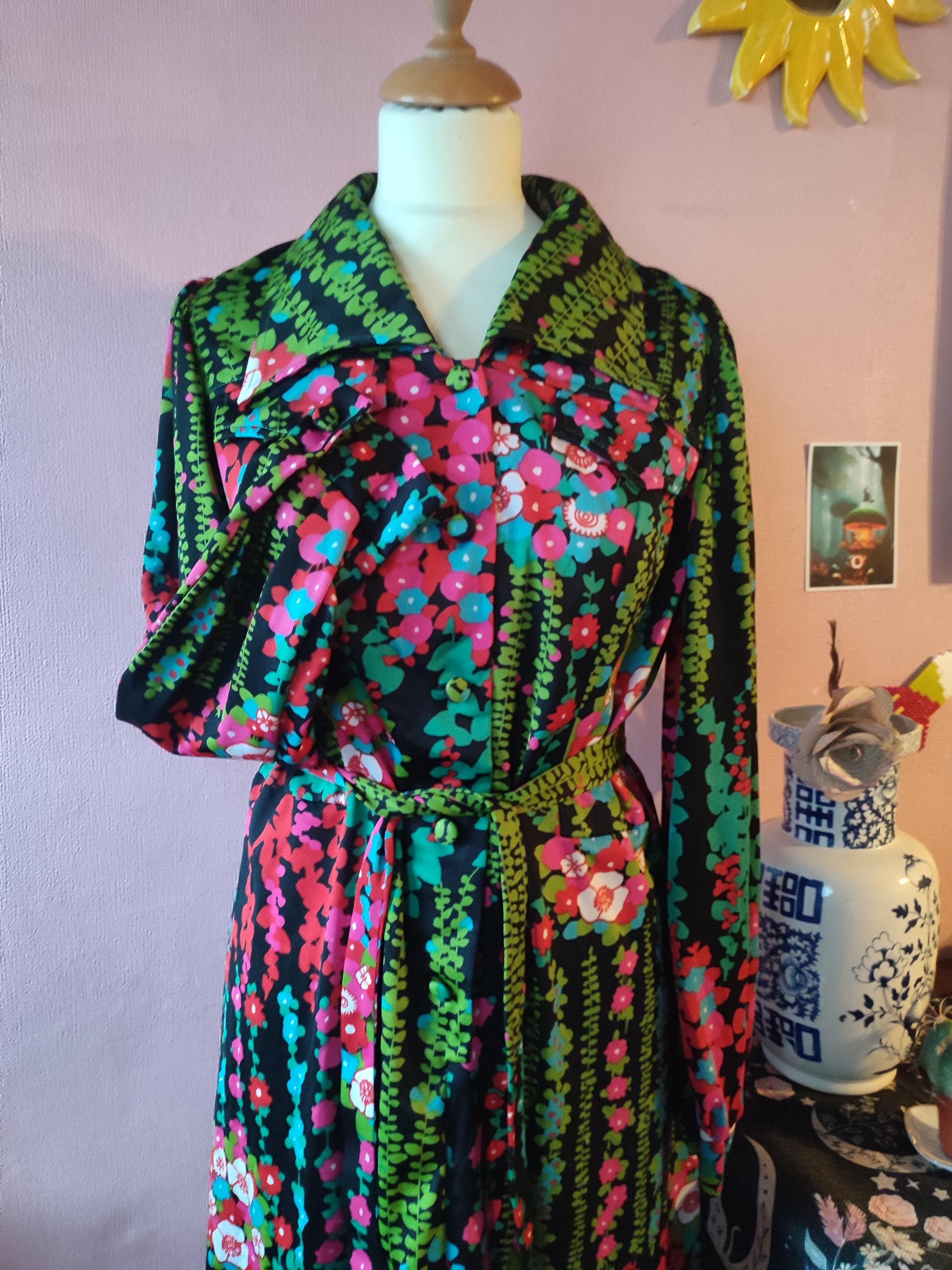 Robe Vintage Fleurie - Taille 44 - Made In France - Rayonne - Style Chemisier - Très Bon état