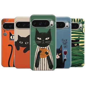 Puede incluir: Una colección de fundas para teléfonos con diseños de gatos de dibujos animados. Las fundas muestran varias ilustraciones de gatos en naranja, beige, verde, azul y amarillo. Una funda tiene el texto "Fuck That Shit".