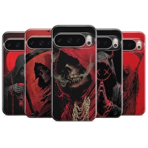Puede incluir: Un conjunto de fundas para teléfono con ilustraciones góticas. Los diseños incluyen una calavera con capucha roja, una parca con una guadaña y una figura con una máscara con la boca cosida. Las fundas son principalmente rojas y negras.