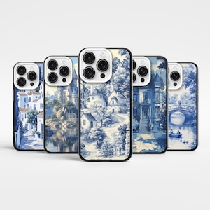 Blue Toile Phone Case Floral Minimalist Navy Blue cover for iPhone 16 Pro Max 15, 14 Plus, 13 mini Samsung S25 Ultra, S24Fe, S23Fe A56