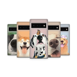 May include: A collection of phone cases featuring illustrated dog portraits. The cases showcase various breeds, including a Dalmatian with a butterfly, a Shiba Inu, and a Golden Retriever. Each case has a unique design with vibrant colors and detailed artwork.