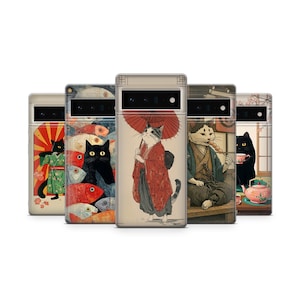 May include: A collection of phone cases featuring Japanese-inspired cat illustrations. Each case showcases a different cat design, including cats in traditional attire, with koi fish, and holding tea cups. The cases are in a row, with a neutral background.