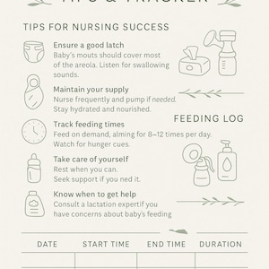May include: A light green and white guide titled "Breastfeeding Tips & Tracker." It includes tips for nursing success, a feeding log, and illustrations of baby supplies. The guide offers advice on latching, supply, and tracking feeding times.