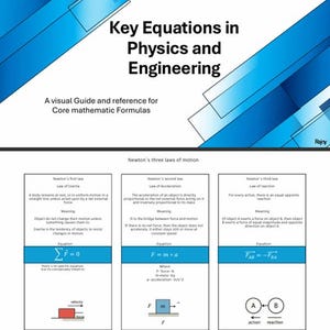 May include: A visual guide titled "Key Equations in Physics and Engineering" with blue geometric designs. The guide presents core mathematical formulas, including Newton's three laws of motion, with equations and diagrams.