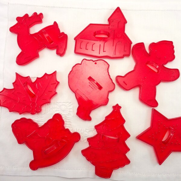Vintage 1960's HRM Clear Red Plastic Cookie Cutters, Christmas Set