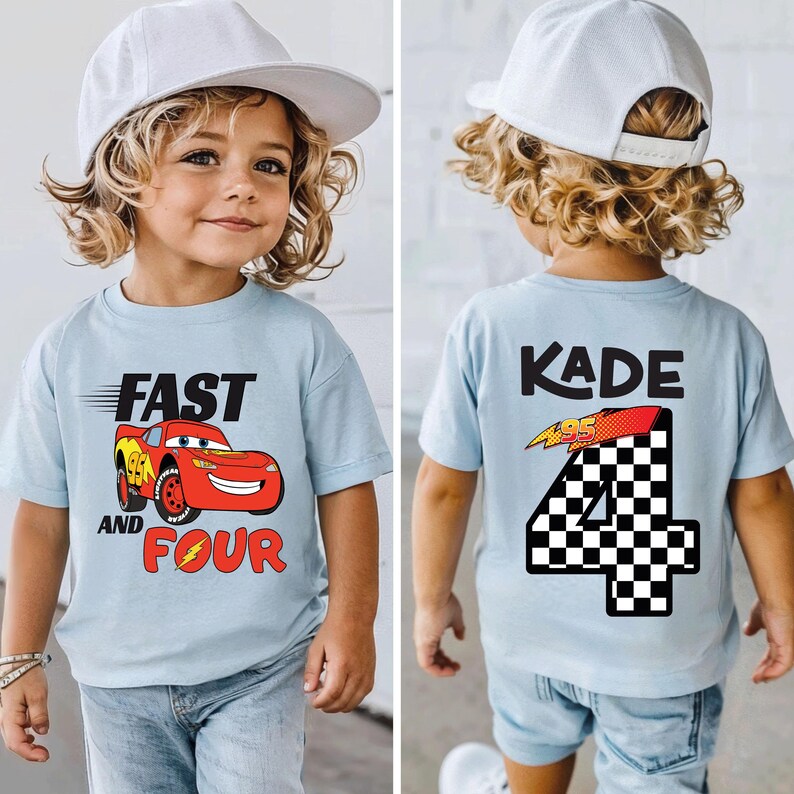 Personalized Fast And Four Birthday Shirt, Lightning McQueen Cars Tee BLUE