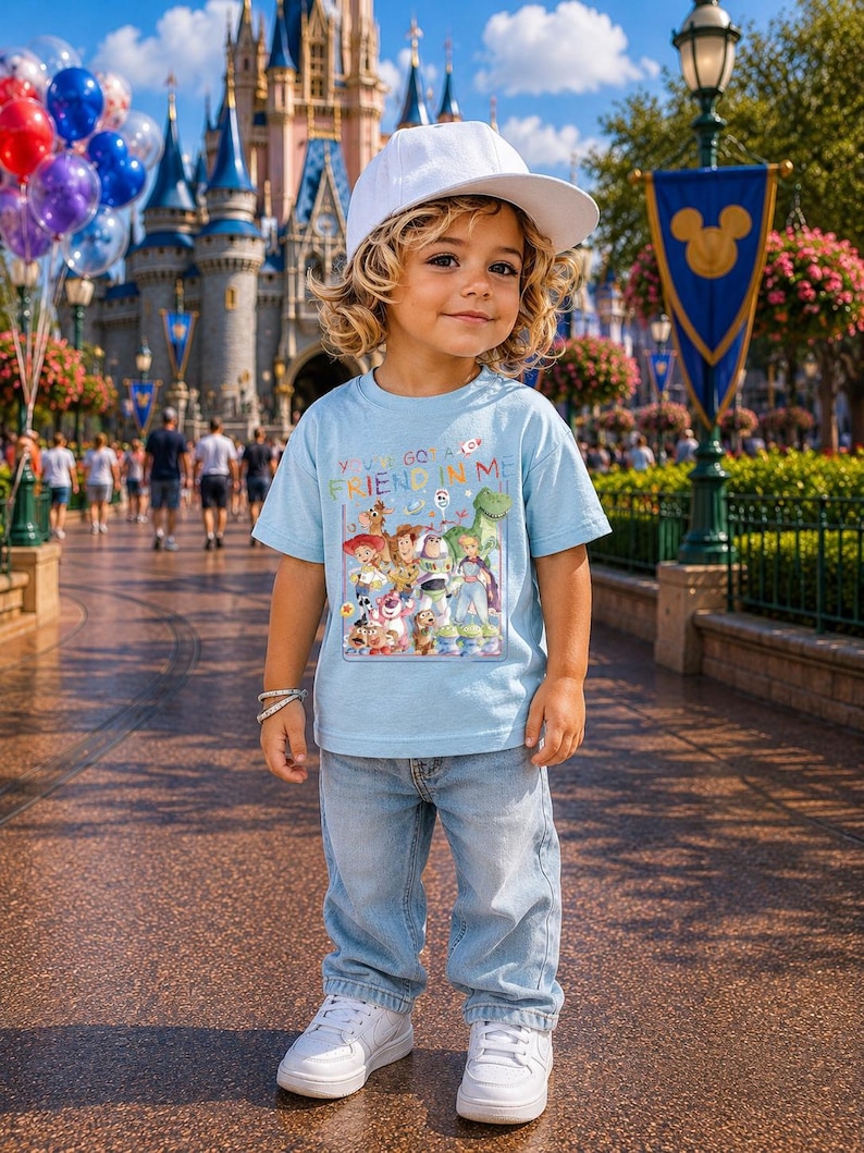 May include: A young child wearing a light blue t-shirt with a graphic of Toy Story characters and the text "You've Got a Friend in Me." The child is also wearing light blue jeans, white sneakers, and a white baseball cap. The background includes a castle and balloons.