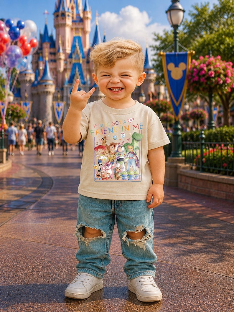 May include: A young child wearing a beige t-shirt with the text "You've Got a Friend in Me" and a graphic of Toy Story characters. The child is also wearing ripped blue jeans and white sneakers, smiling and making a hand gesture.
