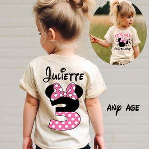 May include: A beige t-shirt with a Minnie Mouse design, featuring a pink polka-dot number 3 and a matching bow. The name "Juliette" is printed above the design. An inset image shows the front of the shirt with the text "IT'S MY BIRTHDAY".
