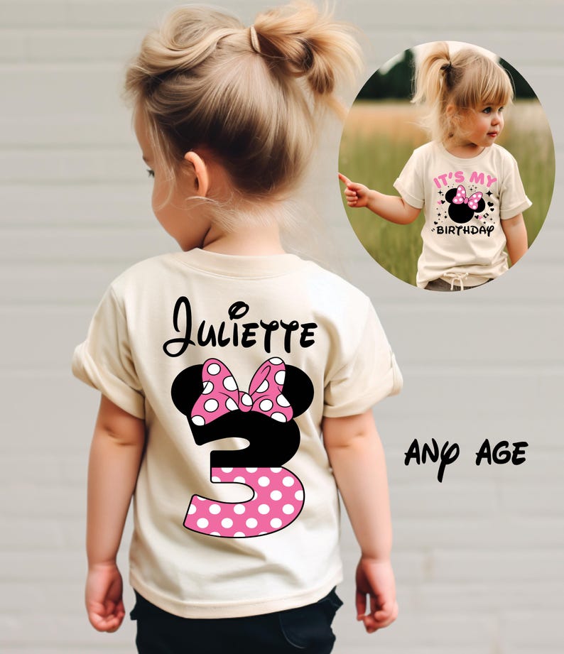 May include: A beige t-shirt with a Minnie Mouse design, featuring a pink polka-dot number 3 and a matching bow. The name "Juliette" is printed above the design. An inset image shows the front of the shirt with the text "IT'S MY BIRTHDAY".
