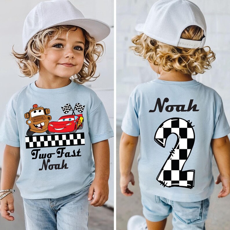 Personalized Cars Two Fast Boys Birthday Shirt, Custom Lightning Mcqueen Shirt, Boys Cars Shirt, Race Car Party Tee, Disney Birthday Shirt BLUE
