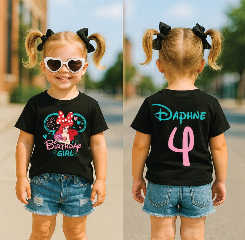 Ariel Birthday Shirt, Little Mermaid Princess Tee, Girls Mermaid Birthday Outfit, Custom Age & Name Shirt, Under the Sea Birthday Shirt BLACK