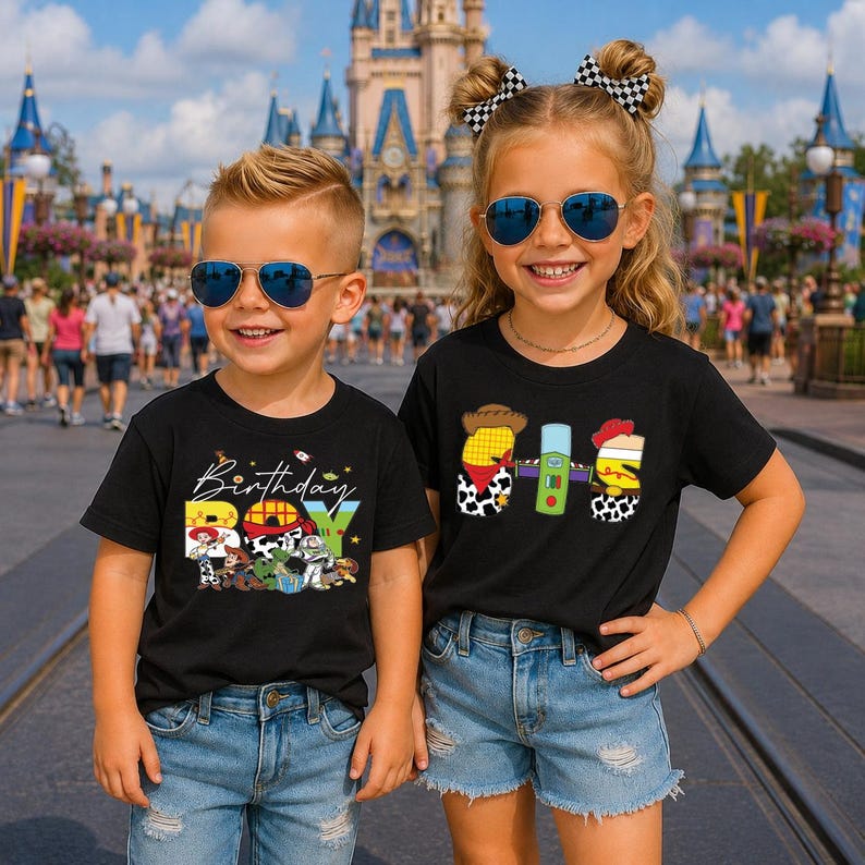May include: Two children wearing black t-shirts and blue sunglasses pose in front of a castle. The shirts feature colorful graphics and the text "Birthday Boy" and "365". The children are smiling and wearing denim shorts.