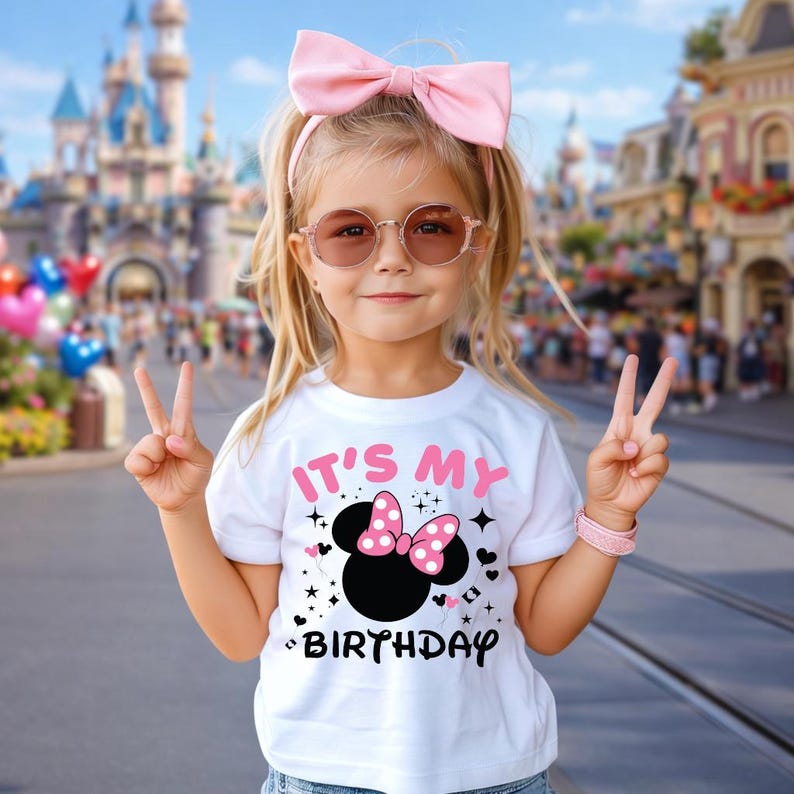 May include: A young girl wearing a white t-shirt with the text "IT'S MY BIRTHDAY" and a Minnie Mouse design. She is wearing a pink bow, sunglasses, and a pink bracelet. She is giving the peace sign.