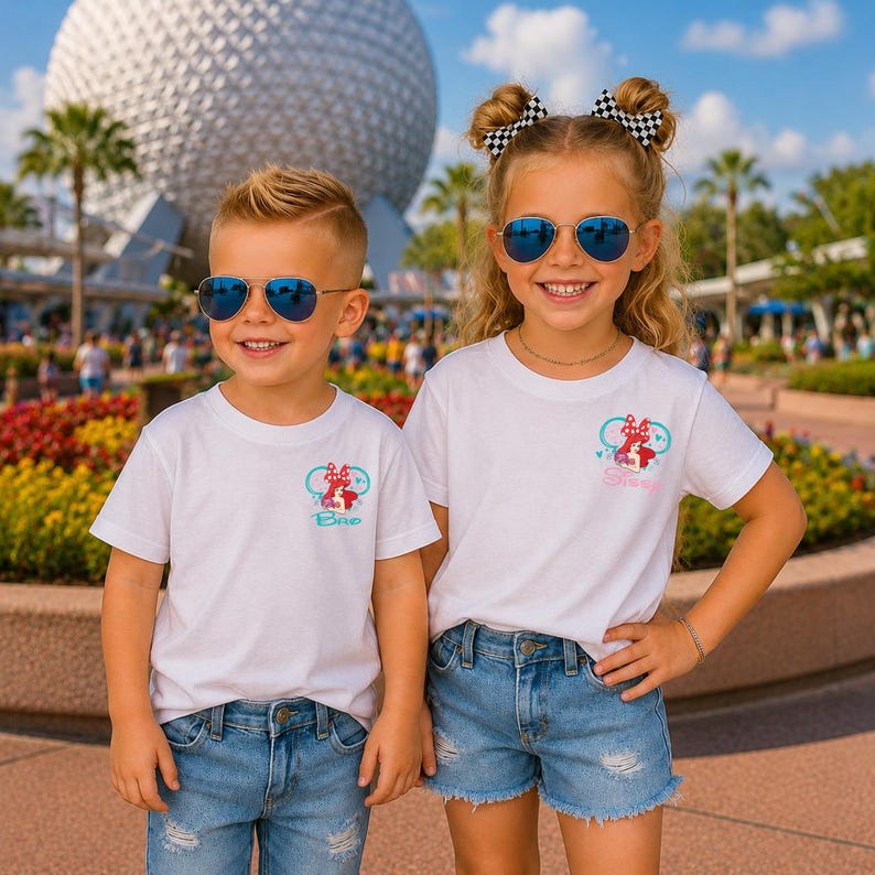 May include: Two white t-shirts featuring a small graphic of a red polka-dot bow and a teal infinity symbol on the chest. The left shirt has the text Bro in blue, and the right shirt has the text Sis in pink. Both shirts have short sleeves and a crew neck.