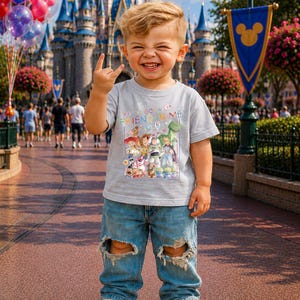 May include: A young child wearing a gray t-shirt with a Toy Story graphic and the text "You've Got a Friend in Me". The child is wearing ripped blue jeans and white sneakers. The background features a castle and balloons.