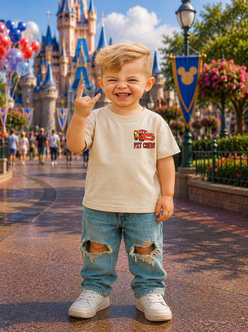 Op de afbeelding: Een beige T-shirt met korte mouwen voorzien van een kleine afbeelding van een rode raceauto en de tekst PIT CREW op de borst, gecombineerd met een lichtblauwe spijkerbroek met gescheurde knie&euml;n en witte sneakers.
