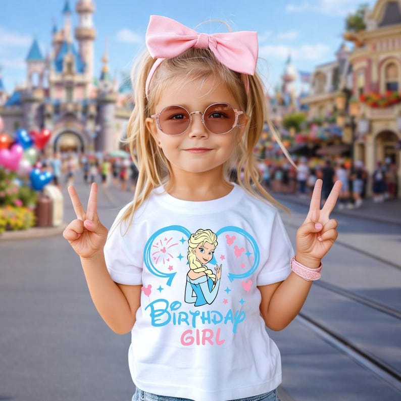 May include: A white short-sleeved t-shirt featuring a graphic of a blonde character in a blue dress, blue mouse ear outlines, pink hearts, and the text Birthday Girl in blue and pink. The shirt is worn with a large pink hair bow and sunglasses.