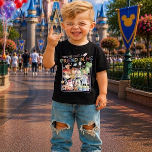 May include: A young child wearing a black t-shirt with the text "YOU'VE GOT A FRIEND IN ME" and a graphic of Toy Story characters. The child is also wearing ripped blue jeans and white sneakers. The background features a castle and balloons.