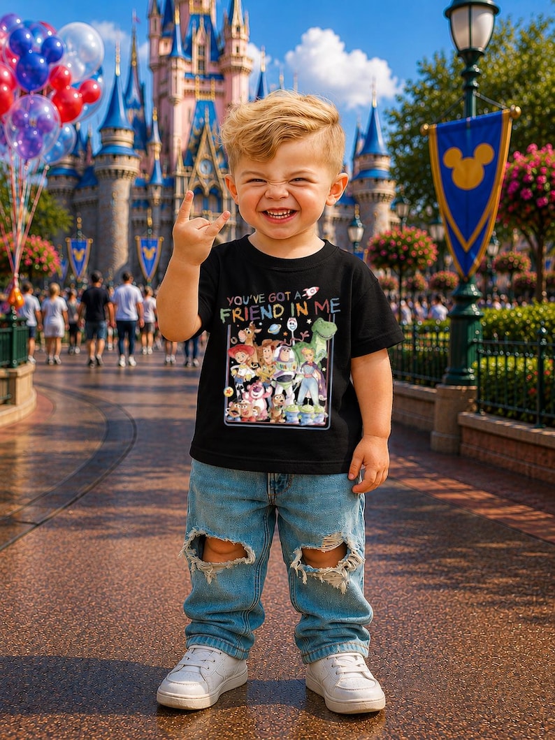 May include: A young child wearing a black t-shirt with the text "YOU'VE GOT A FRIEND IN ME" and a graphic of Toy Story characters. The child is also wearing ripped blue jeans and white sneakers. The background features a castle and balloons.