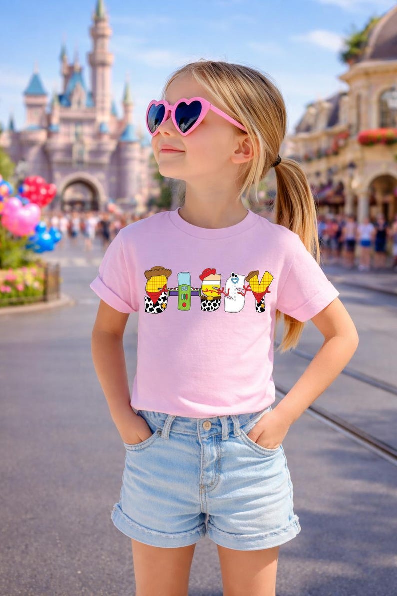 May include: A young person wearing a pink t-shirt with the word "SHIBBY" in a cartoon font. The shirt is paired with denim shorts and heart-shaped sunglasses. The background features a theme park.