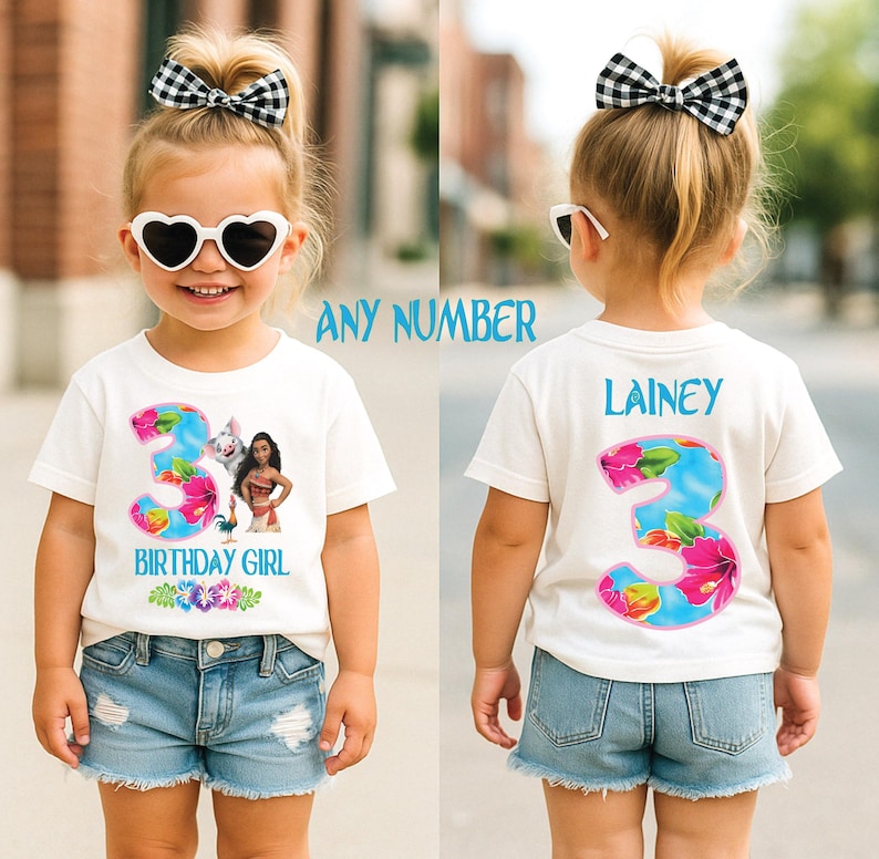 May include: A white t-shirt with a large number 3, floral design, and the text "BIRTHDAY GIRL" and "LAINEY". The shirt features a cartoon image of Moana. The girl is wearing denim shorts and heart-shaped sunglasses.