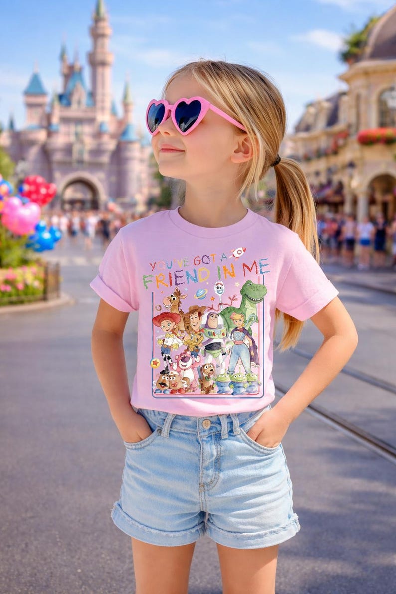 May include: A young person wearing a pink t-shirt with a graphic of Toy Story characters and the text "YOU'VE GOT A FRIEND IN ME". They are also wearing heart-shaped sunglasses and denim shorts.