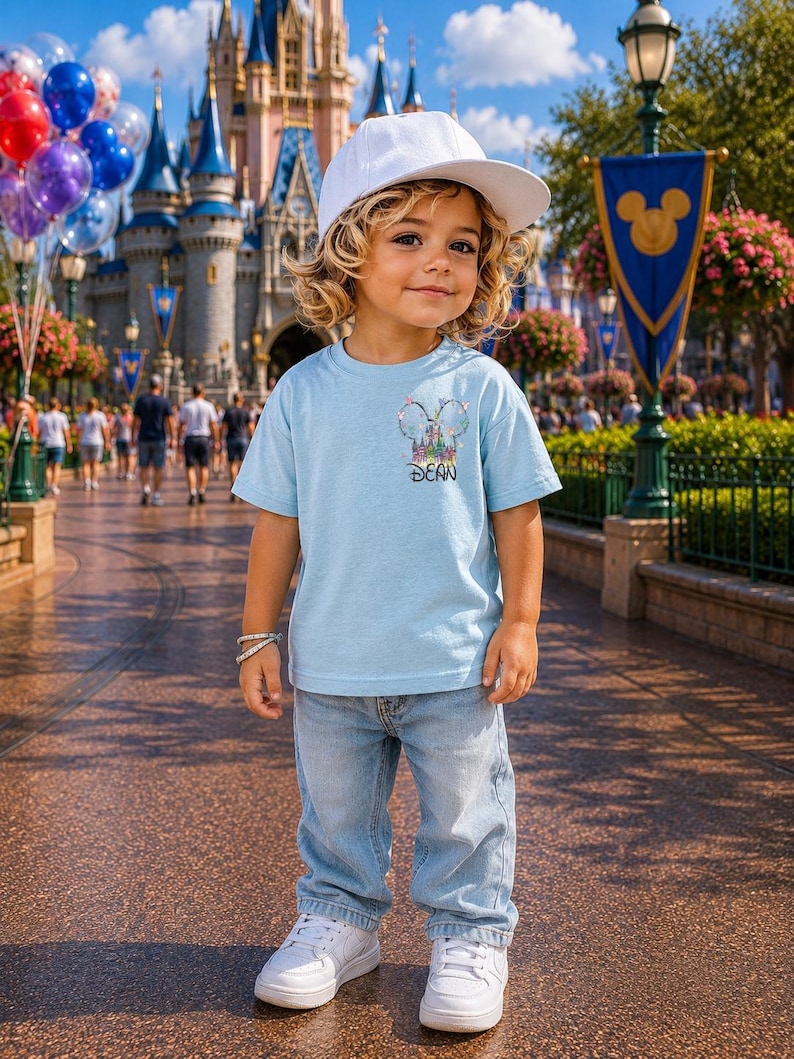 Pu&ograve; includere: Un bambino indossa una maglietta azzurra con un disegno del castello Disney e il nome "DEAN". Indossa anche jeans azzurri, scarpe da ginnastica bianche e un berretto bianco. Lo sfondo presenta un castello e palloncini.