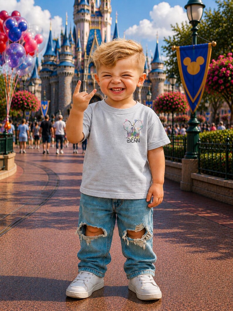 Pu&ograve; includere: Un bambino indossa una maglietta grigia con un disegno di castello colorato e il nome "DEAN" stampato sotto. Il bambino indossa jeans blu strappati e scarpe da ginnastica bianche, sorride e fa un gesto rock and roll con la mano. Palloncini e un castello sullo sfondo.