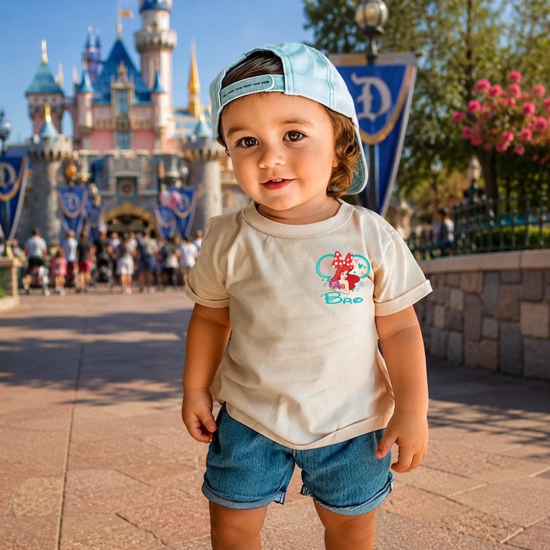 May include: A light blue baseball cap and a cream-colored short-sleeve t-shirt featuring a graphic of Ariel from The Little Mermaid with a red bow and the text Bro in blue script. The outfit includes blue denim shorts with a cuffed hem.