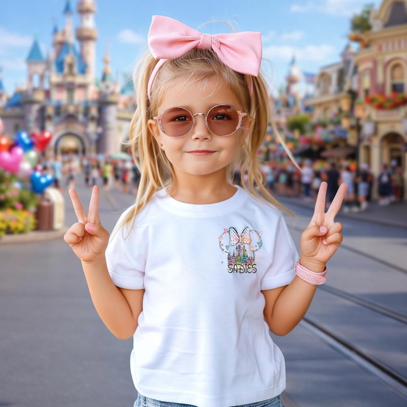 Pu&ograve; includere: Una bambina indossa una maglietta bianca con una grafica colorata di un castello e la scritta "SADIES". Indossa occhiali da sole rosa, una fascia rosa e un braccialetto rosa. Sta facendo il segno della pace.