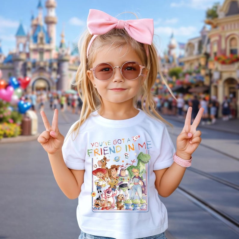May include: A young child wearing a white t-shirt with a colorful graphic of Toy Story characters and the text "YOU'VE GOT A FRIEND IN ME." The child is also wearing pink sunglasses, a pink bow, and a pink bracelet.