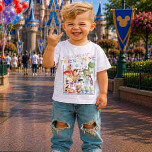 May include: A young child wearing a white t-shirt with the text "YOU'VE GOT A FRIEND IN ME" and a graphic of Toy Story characters. The child is also wearing ripped blue jeans and white sneakers. The background features a castle and balloons.