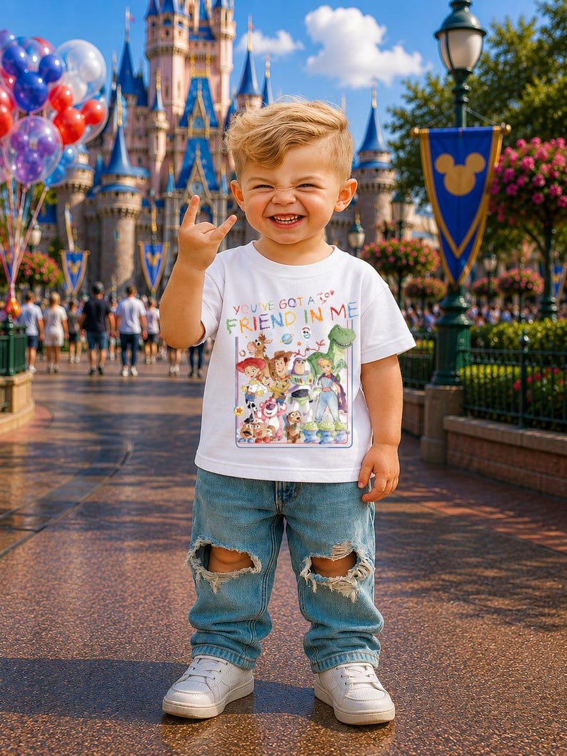 May include: A young child wearing a white t-shirt with the text "YOU'VE GOT A FRIEND IN ME" and a graphic of Toy Story characters. The child is also wearing ripped blue jeans and white sneakers. The background features a castle and balloons.