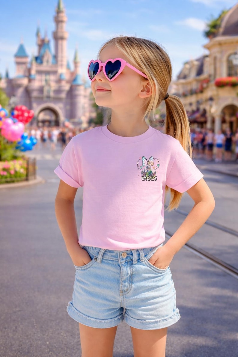 Pu&ograve; includere: Una persona giovane indossa una maglietta rosa chiaro con una grafica colorata e la scritta "Sadies". La persona indossa anche pantaloncini di jeans azzurri e occhiali da sole rosa a forma di cuore. Lo sfondo presenta un castello e una strada.