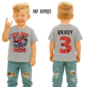 May include: A grey t-shirt with a Spider-Man graphic and the text "It's My Birthday". The back of the shirt has the name "Brody" and the number 3. The child is wearing blue jeans. The text "ANY NUMBER" is above the child's head.