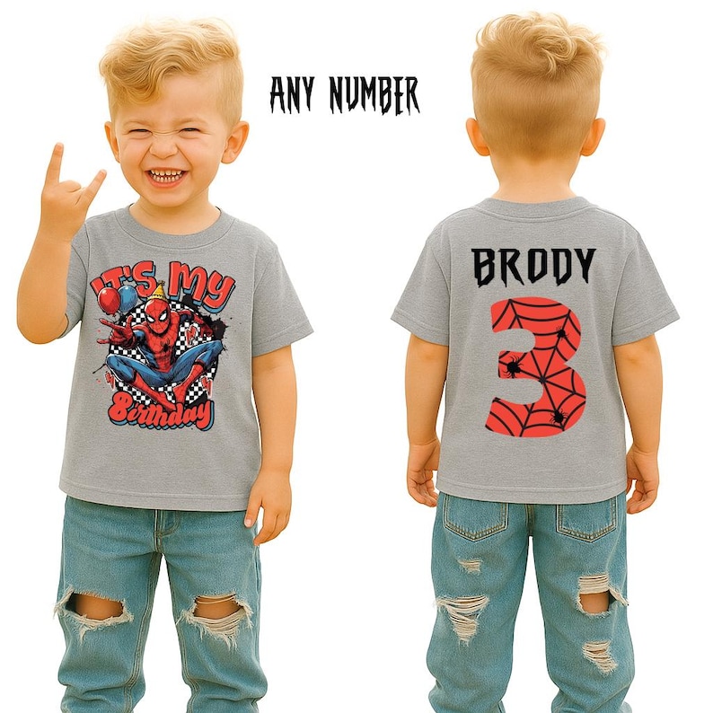 May include: A grey t-shirt with a Spider-Man graphic and the text "It's My Birthday". The back of the shirt has the name "Brody" and the number 3. The child is wearing blue jeans. The text "ANY NUMBER" is above the child's head.