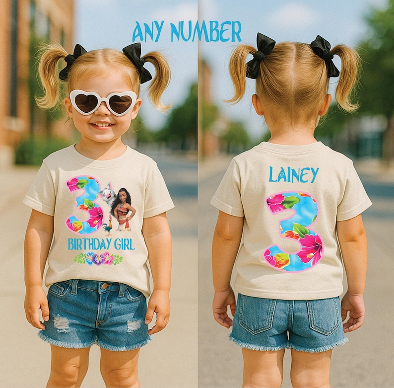 May include: A beige t-shirt with a colorful floral number 3 design and the text "BIRTHDAY GIRL". The shirt features a cartoon character. The back of the shirt has the name "LAINEY" and a floral number 3.