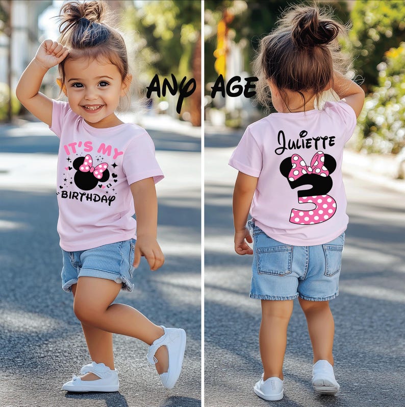 May include: A light pink t-shirt with the text "IT'S MY BIRTHDAY" and a Minnie Mouse graphic. The back of the shirt has the name "Juliette" and the number "3" with a polka dot design. The child is wearing denim shorts and white shoes.