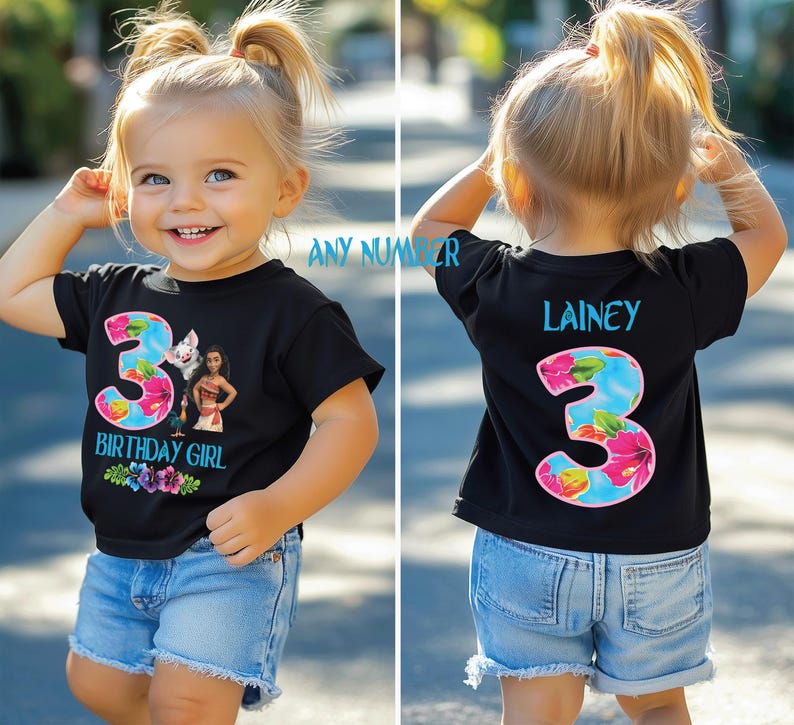 May include: Black t-shirt with a floral number 3 and the text "BIRTHDAY GIRL" and a cartoon image. The back of the shirt has the name "Lainey" and a floral number 3. The child is wearing blue jean shorts.