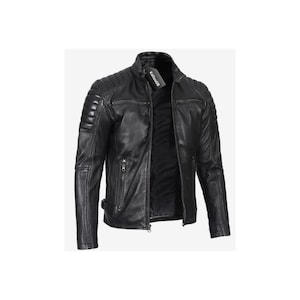 Men&#39;s Black Leather Biker Jacket: Slim Fit Moto Style