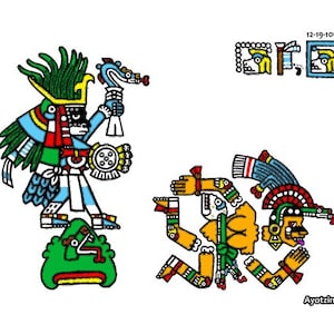 May include: A colourful illustration of two Aztec deities, one with a green feathered headdress and the other with a red and green feathered headdress. The deity on the left is holding a blue serpent and a shield with a sun symbol. The deity on the right is holding a yellow serpent and has a yellow body. The text "Ayotzintli" is written below the deity on the right. The text "12-19-1090" is written in the top right corner of the image.